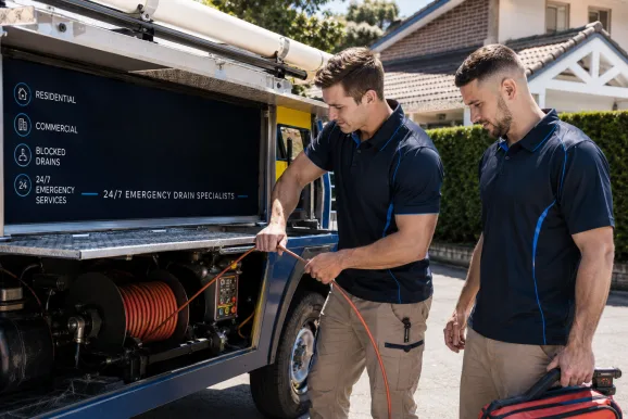 Two plumbers working on a blocked drain in Hurlstone Park