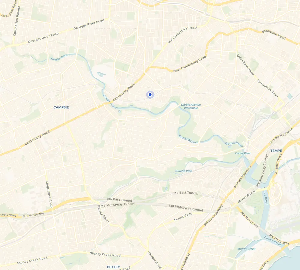 Map of the Hurlstone Park service area and the surrounding Inner West, showing Hurlstone Park and the nearby streets we cover.