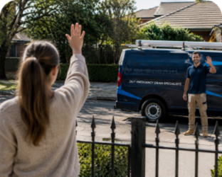Customer waving goodbye to a Hurlstone Park Blocked Drains plumber
